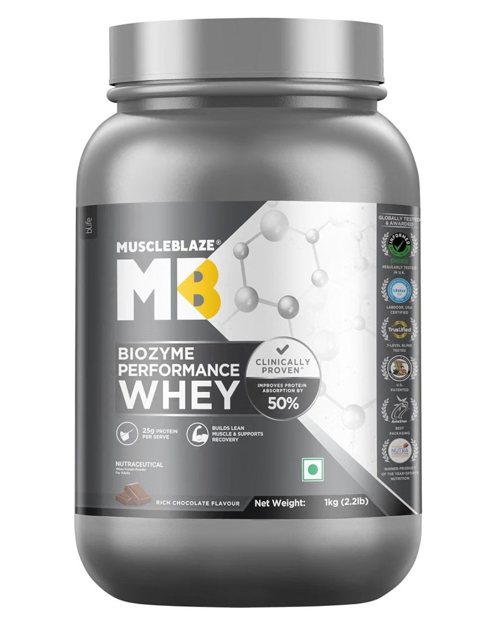 MuscleBlaze Biozyme Performance Whey Protein Powder, 1kg (2.2lbs)