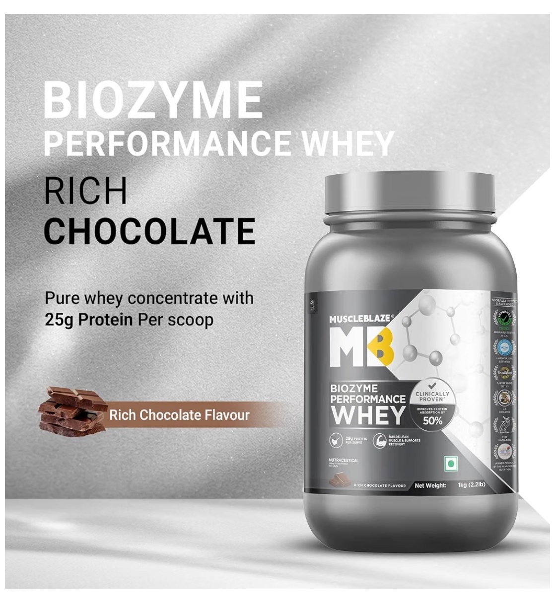 MuscleBlaze Biozyme Performance Whey Protein Powder, 1kg (2.2lbs) photo 3