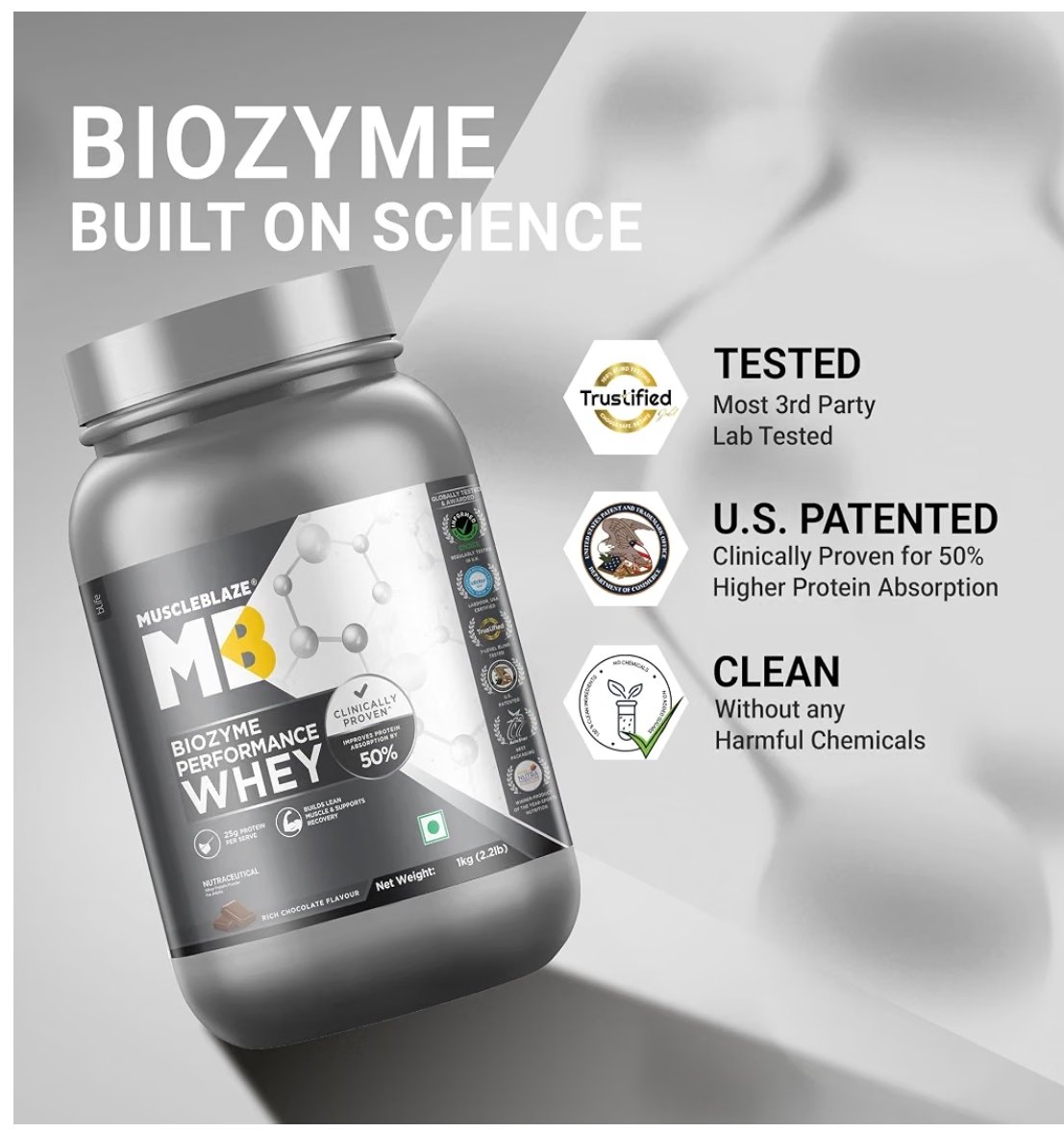 MuscleBlaze Biozyme Performance Whey Protein Powder, 1kg (2.2lbs) photo 4