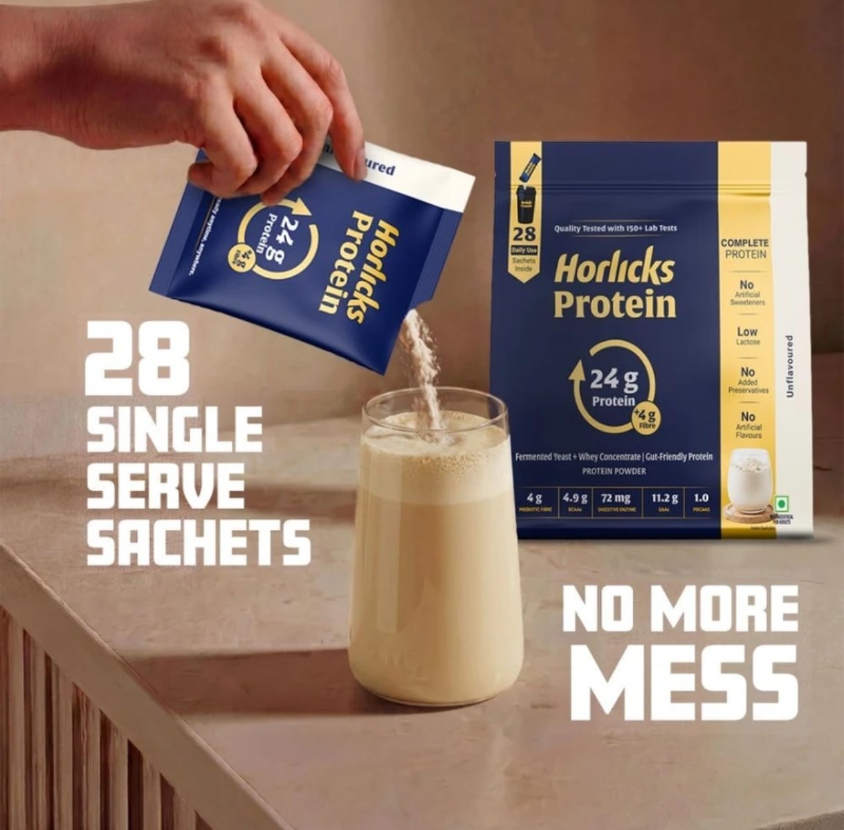 Horlicks Unflavoured Protein Powder 1kg (Plain) | Fermented Yeast Isolate & Whey Blend | 24g Protein, 4g Prebiotic Fibre & Digestive Enzymes | Gut Friendly & Low Lactose photo 3