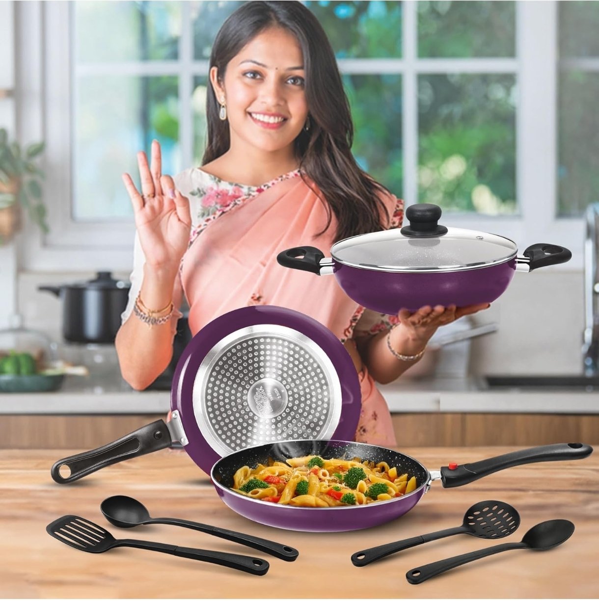 Milton Pro Cook Induction Cookware & Gas Stove Friendly Kitchen Jewel 7 Pc Non Stick Cookware Set | Fry Pan | Kadhai with Glass Lid | Dosa Tawa | Durable 5-Layer Non Stick Coating | Dark Purple photo 2