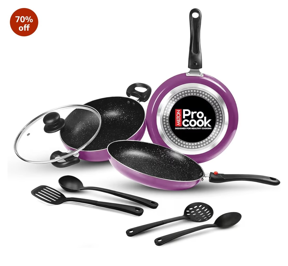 Milton Pro Cook Induction Cookware & Gas Stove Friendly Kitchen Jewel 7 Pc Non Stick Cookware Set | Fry Pan | Kadhai with Glass Lid | Dosa Tawa | Durable 5-Layer Non Stick Coating | Dark Purple