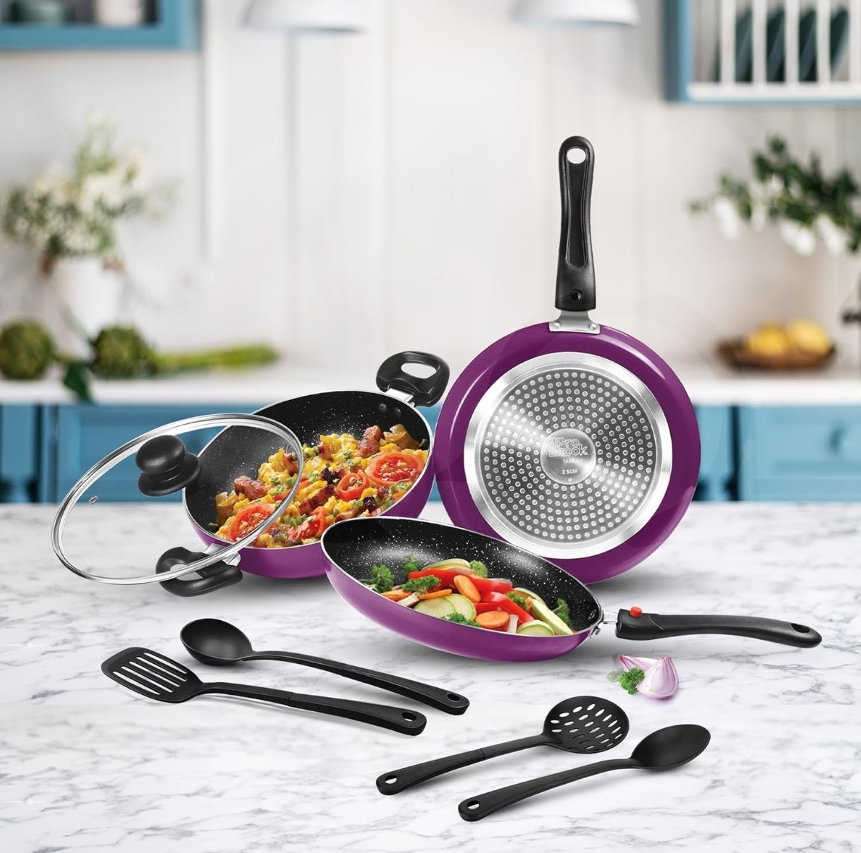 Milton Pro Cook Induction Cookware & Gas Stove Friendly Kitchen Jewel 7 Pc Non Stick Cookware Set | Fry Pan | Kadhai with Glass Lid | Dosa Tawa | Durable 5-Layer Non Stick Coating | Dark Purple photo 6