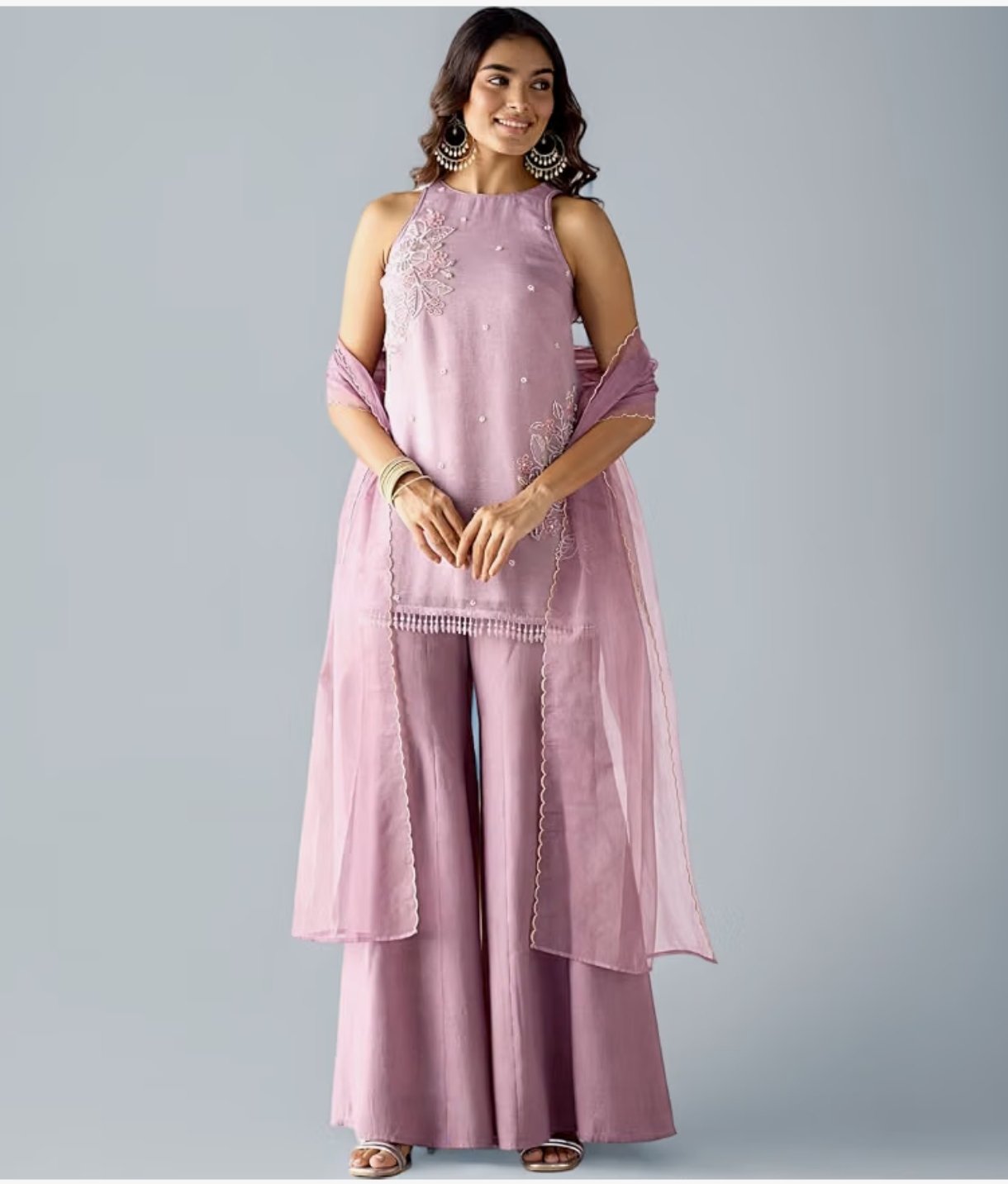 FIORRA Women Lavender Crush Organza Hand-Worked Straight Kurta Set with Dupatta