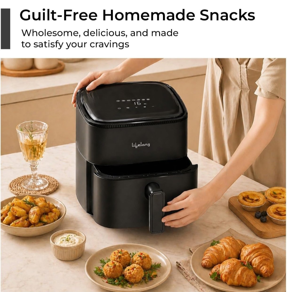 Lifelong 4.2L Digital Air Fryer |1200W Quick Heating, 7 Preset Menus| Detachable Handle, Touch Panel, Non-Stick Basket | 360° Rapid Air Technology Use Little to No Oil, Frying, Grill, Baking, Roasting photo 2