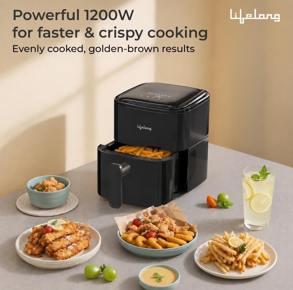 Lifelong 4.2L Digital Air Fryer |1200W Quick Heating, 7 Preset Menus| Detachable Handle, Touch Panel, Non-Stick Basket | 360° Rapid Air Technology Use Little to No Oil, Frying, Grill, Baking, Roasting