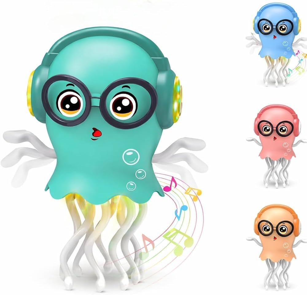 Dancing Jellyfish Musical Toy for Kids with LED Lights, Bump & Go 360° Rotating Crawling Octopus Toy with Twisting Tentacles, Interactive Music Toy for Babies, Toddlers, Boys & Girls