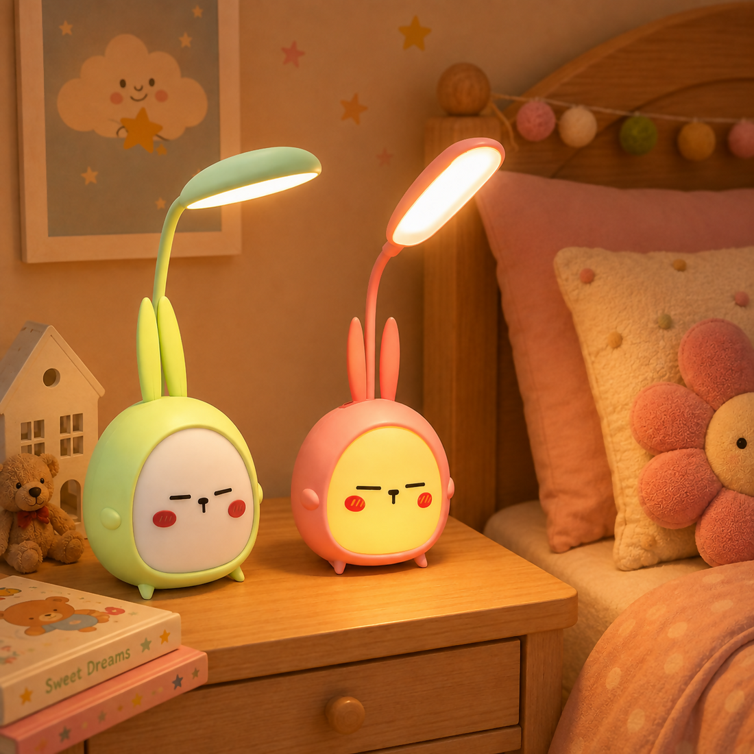 Cute Bunny LED Desk Lamp with Night Light, Flexible Neck for Kids (Color may vary, 1 PC)